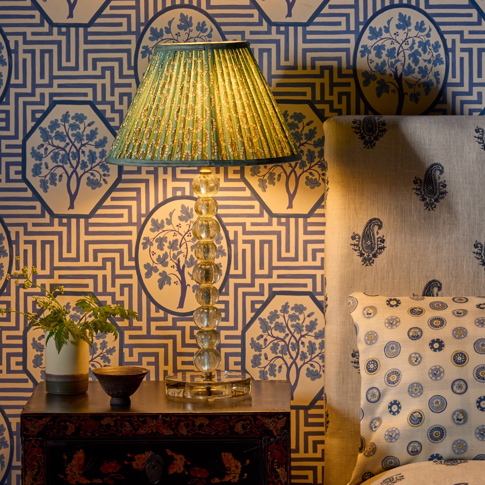 45cm straight empire shade in aqua block printed Dotty gathered cotton by GP & J Baker