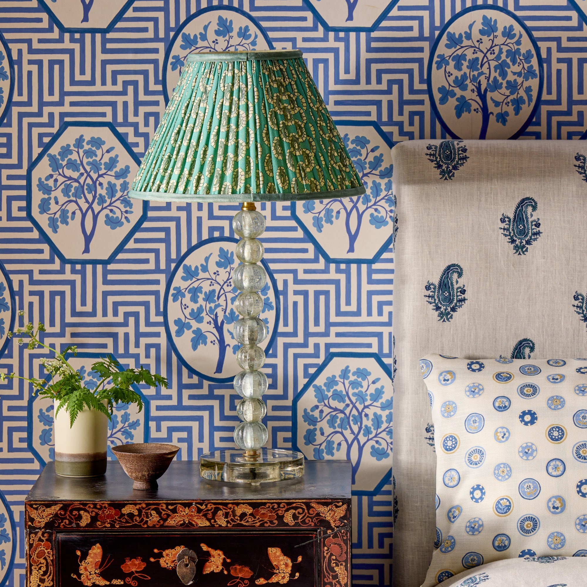 50cm straight empire shade with adjustable gimbal in aqua block printed Dotty gathered cotton by GP & J Baker