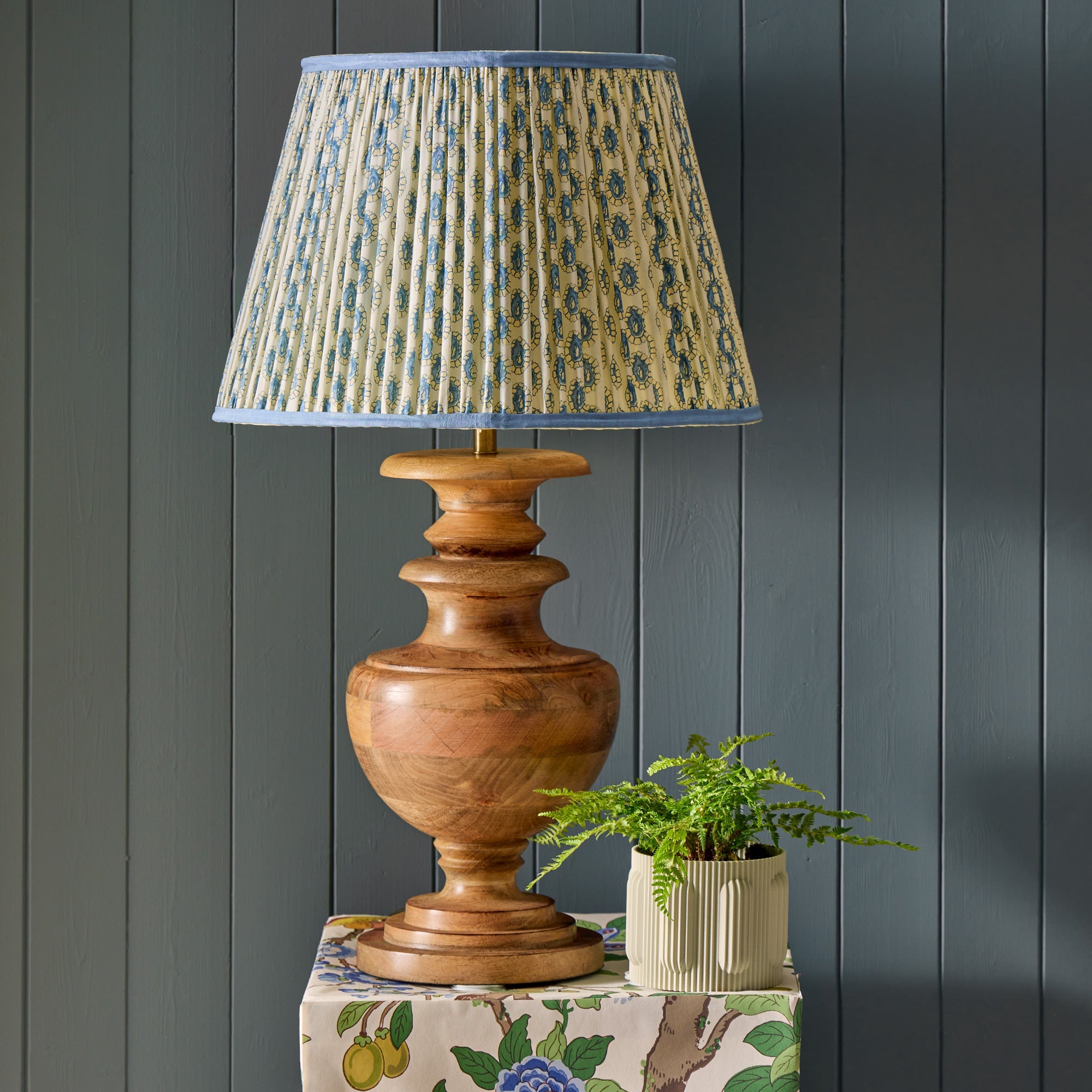 50cm straight empire shade with adjustable gimbal in blue and white block printed Dotty gathered cotton by GP & J Baker