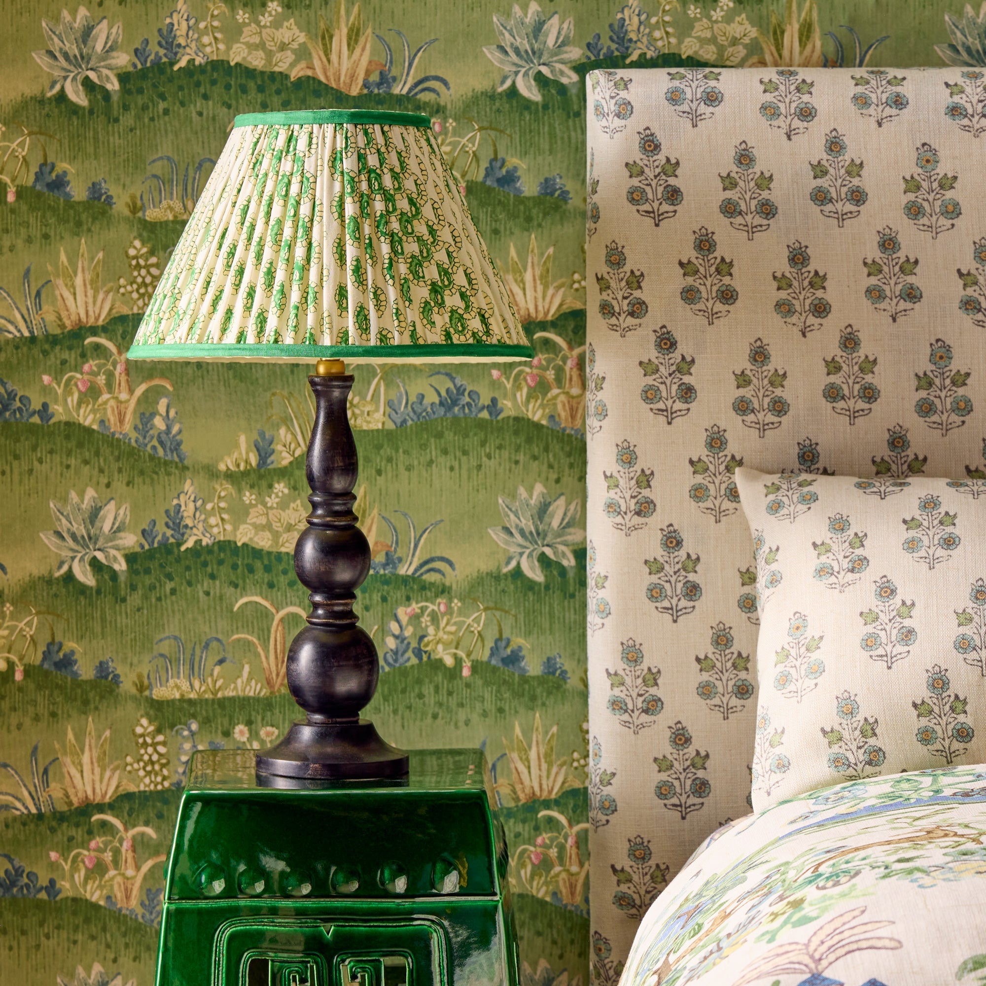 50cm straight empire shade with adjustable gimbal in green and white block printed Dotty gathered cotton by GP & J Baker