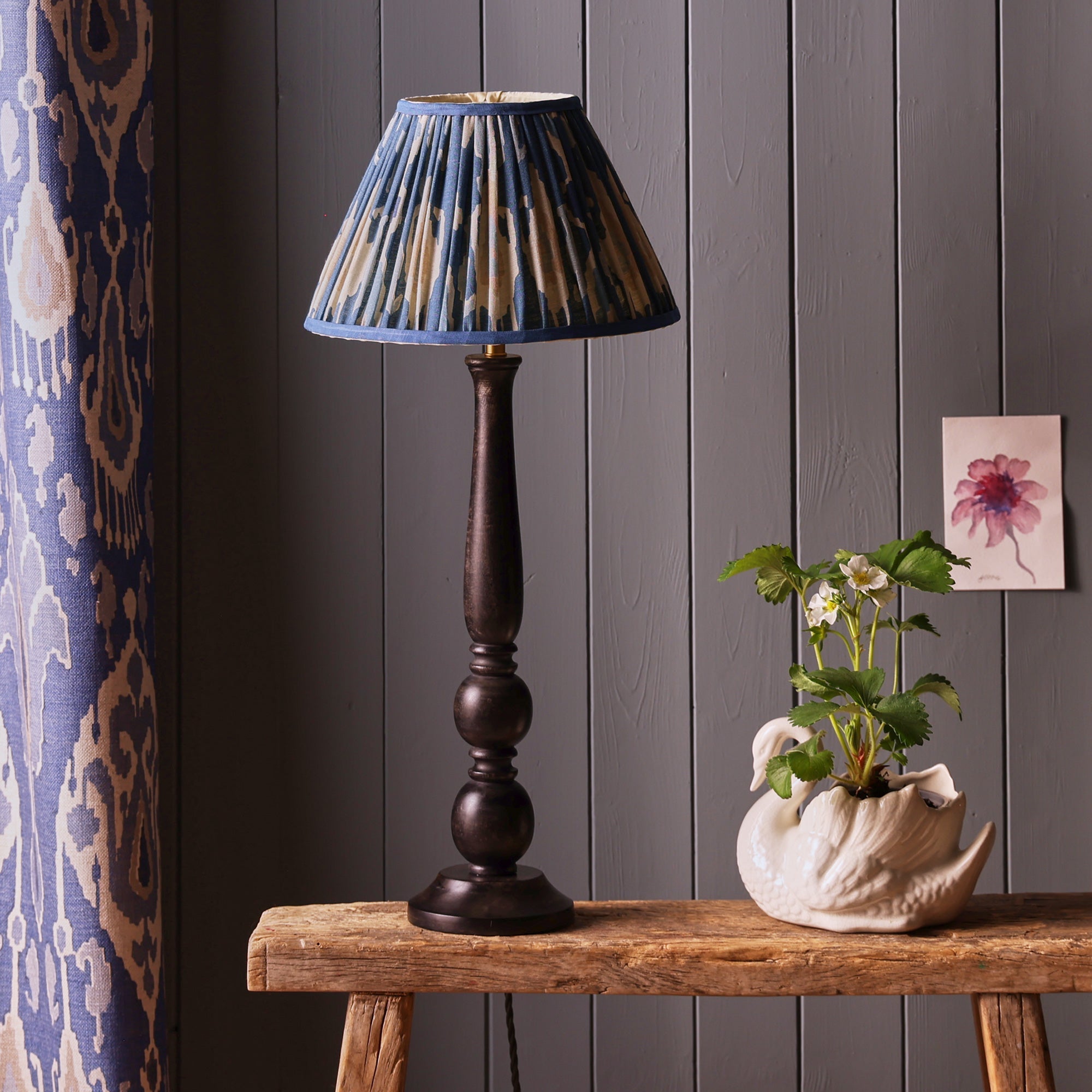 50cm tapered drum shade with adjustable gimbal in denim Bokhara gathered linen by GP & J Baker