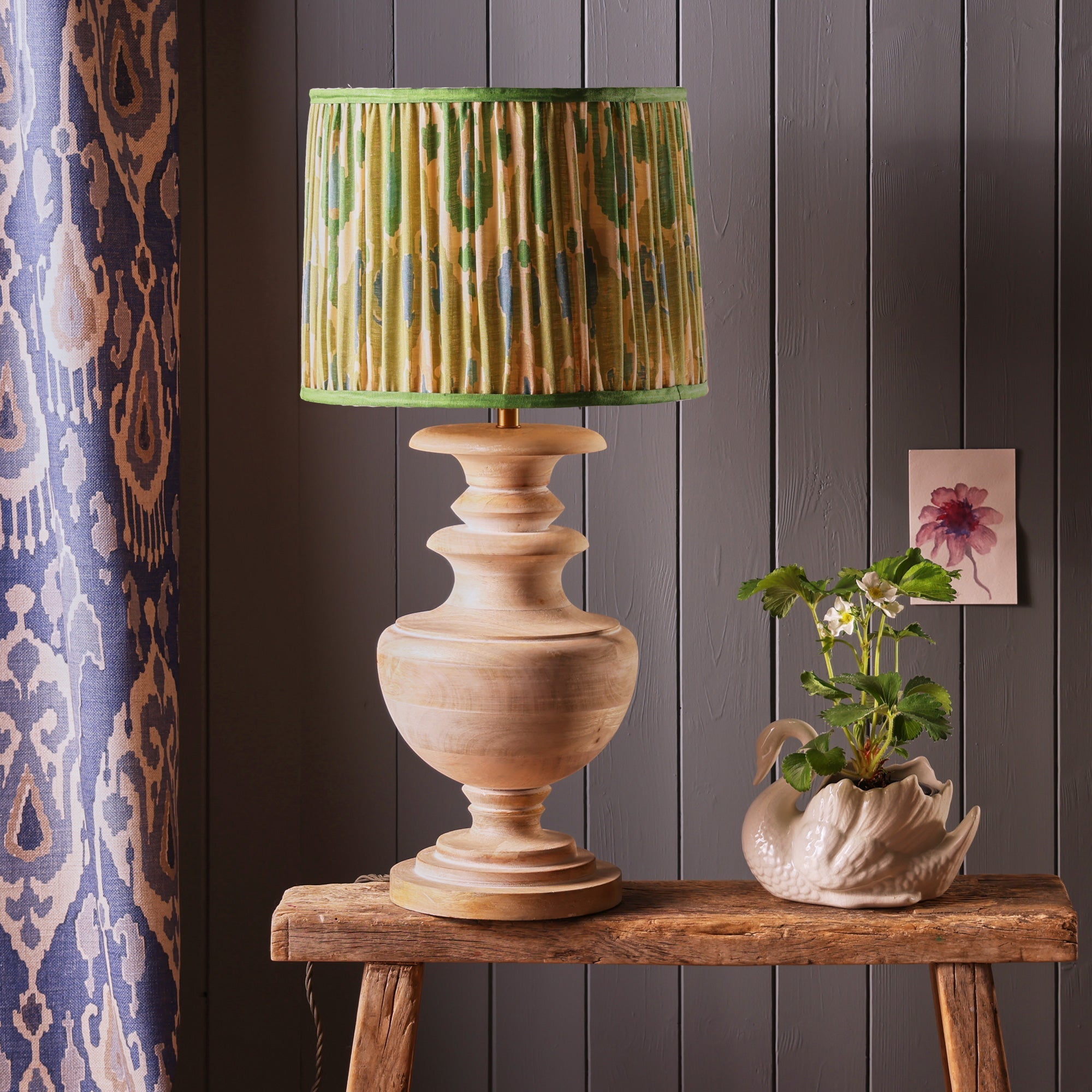 50cm tapered drum shade with adjustable gimbal in green blue Bokhara gathered linen by GP & J Baker