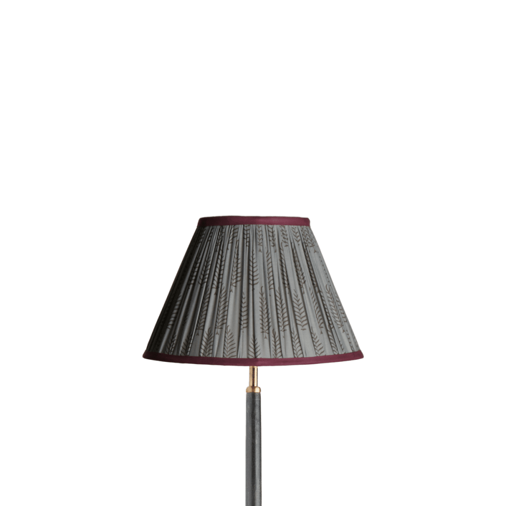 30cm empire lampshade in balinese ferns block printed cotton with pinky purple tape