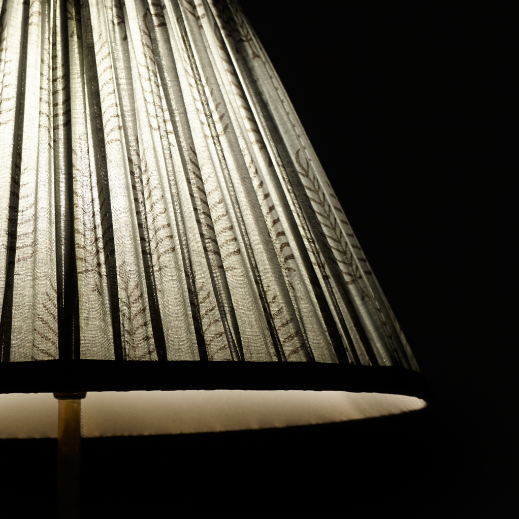 30cm empire lampshade in balinese ferns block printed cotton with pinky purple tape